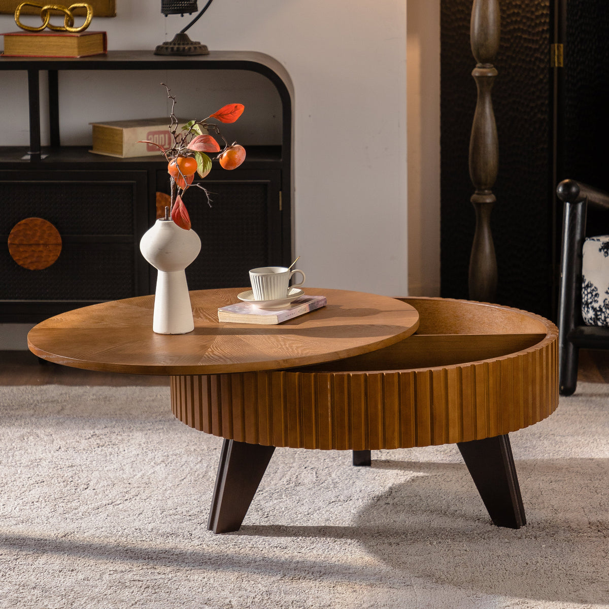 31.5" Retro Round Coffee Table with Storage Space