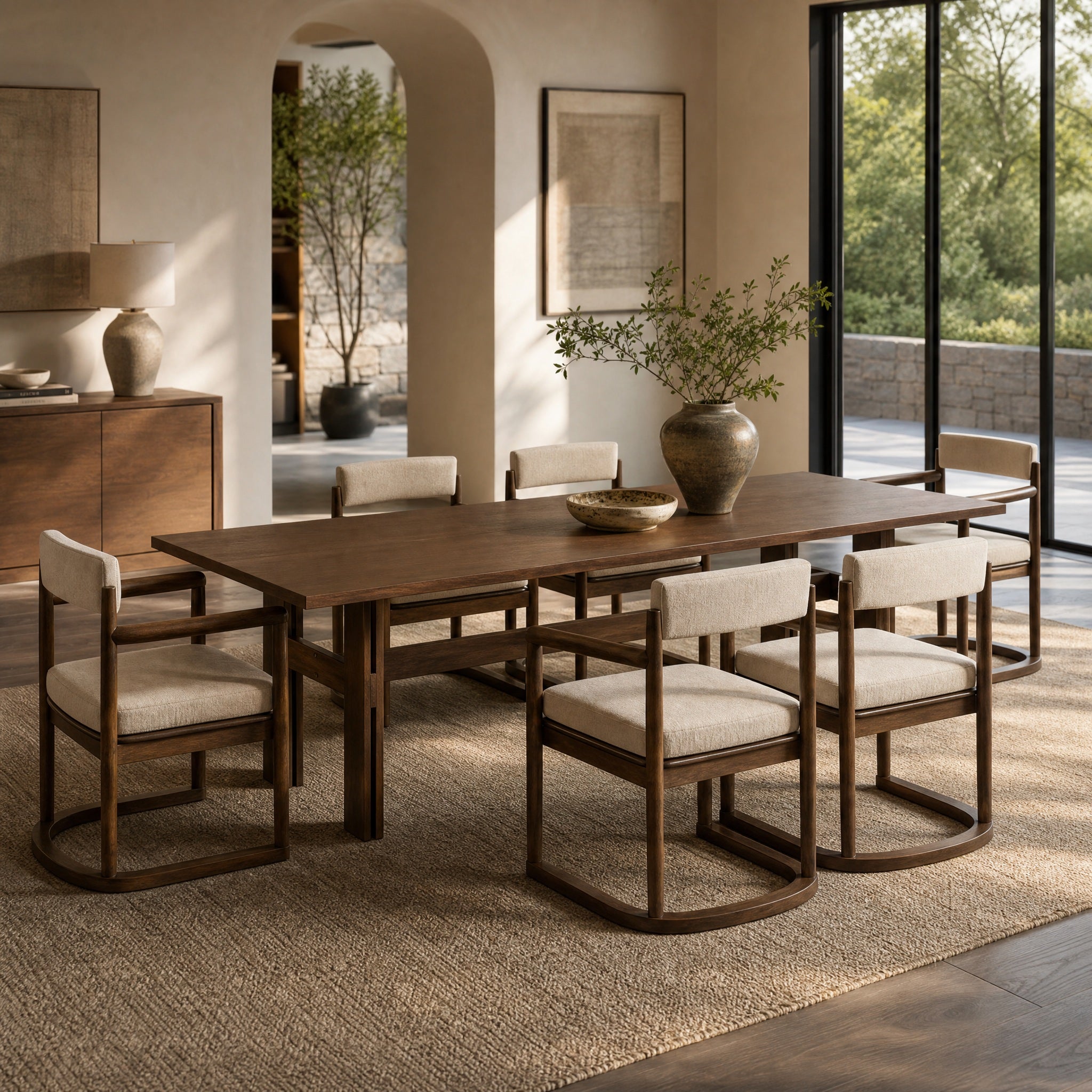 7-Piece Dining Table Set, 71" Rectangular Rubber Wood Dining Table with 6 Upholstered Arm Chairs