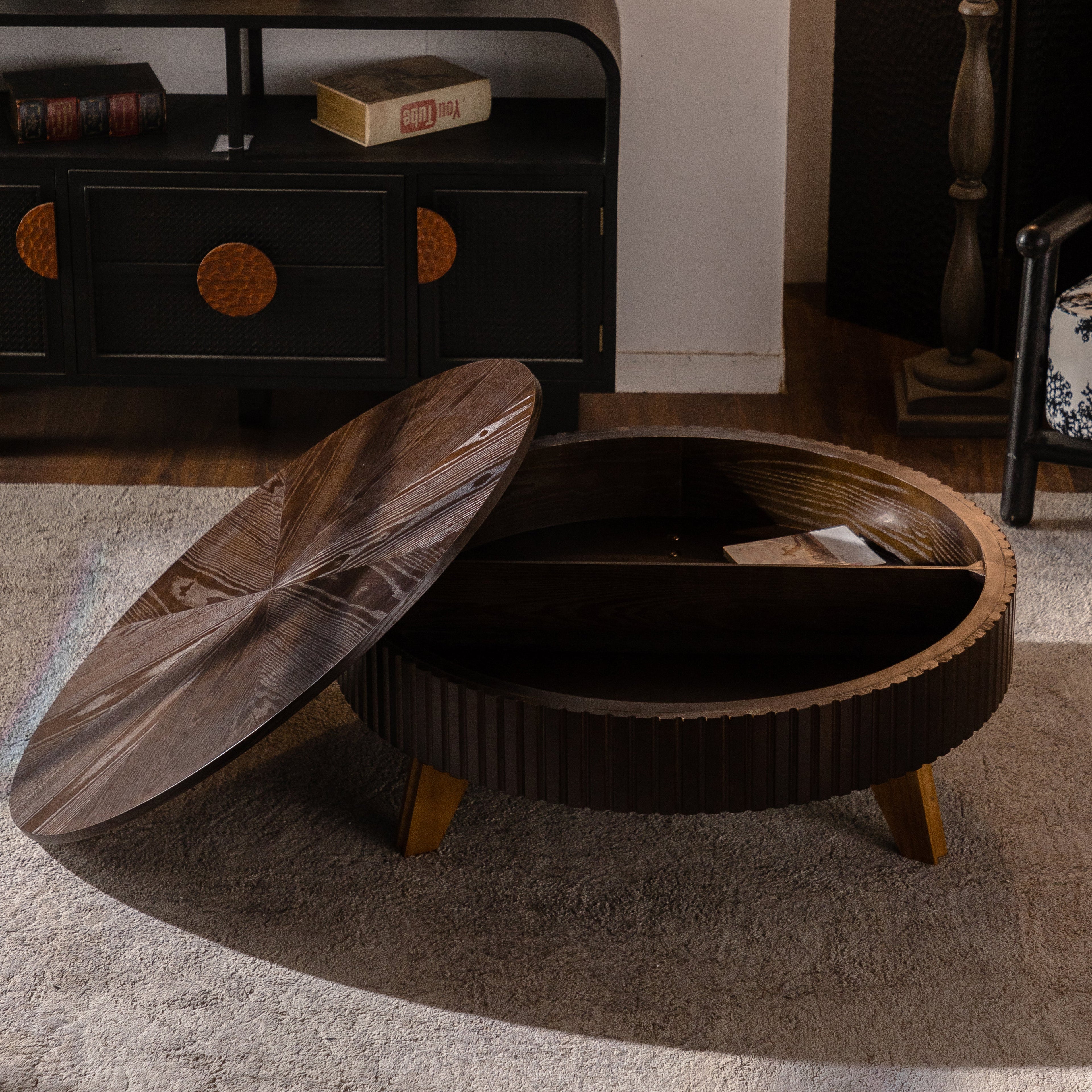 39.37" Retro Round Coffee Table with Storage Space
