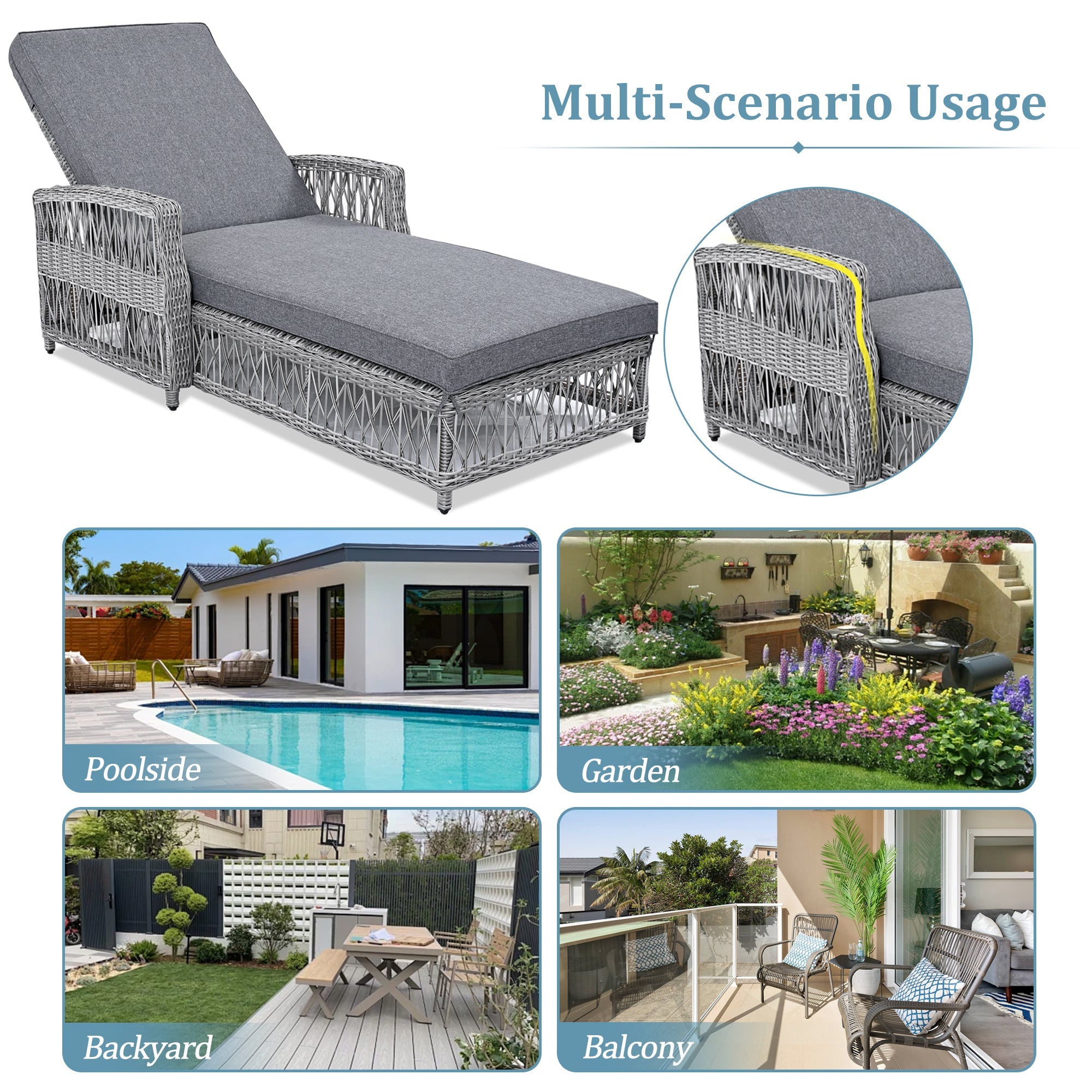 GO Outdoor Long Reclining Chaise, Wicker Lounge with Armrests