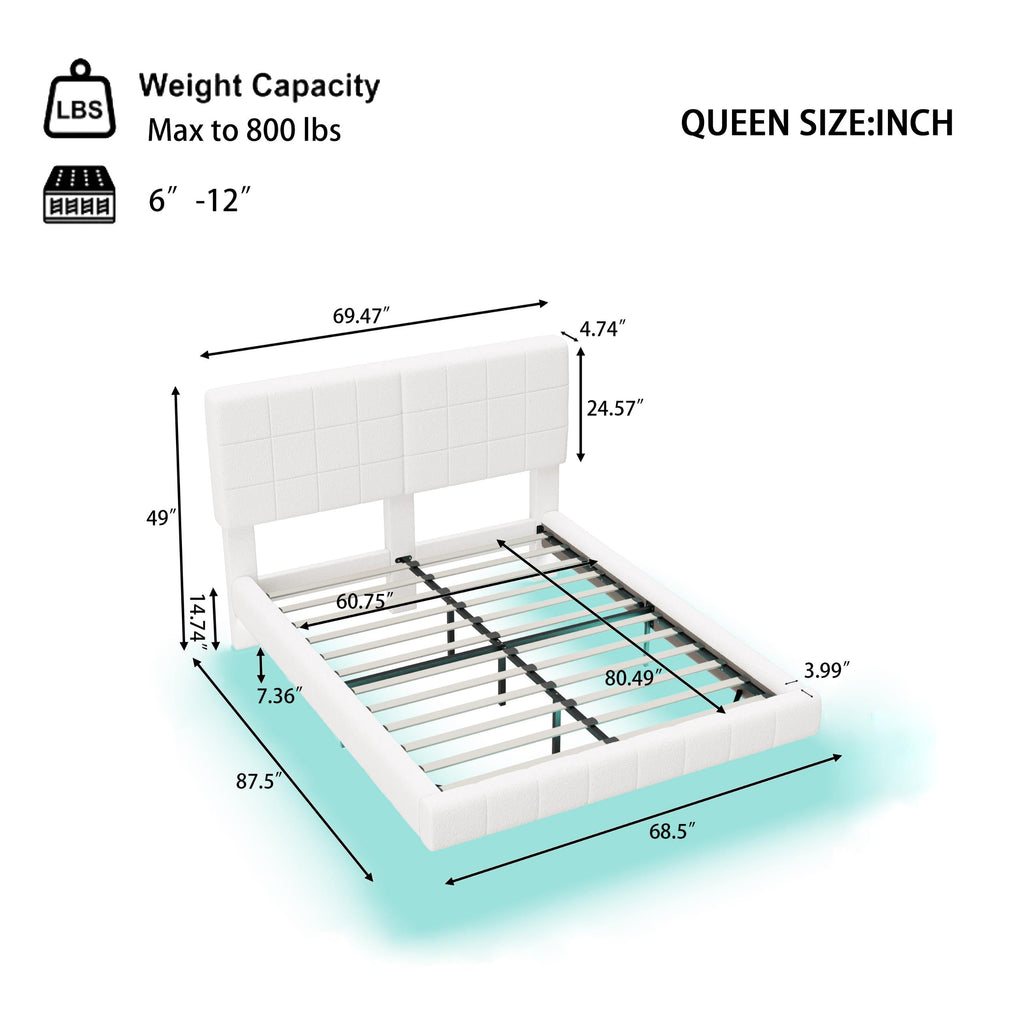 White Boucle Floating Bed with Light (Queen)