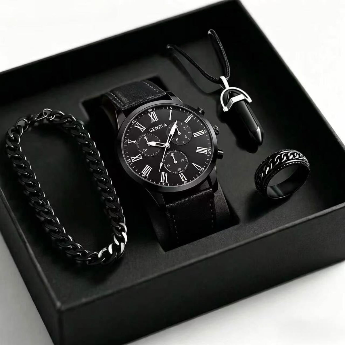 Mens Quartz Watch Necklace Bracelet Set