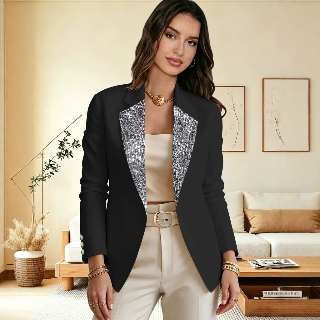 Womens Sequined Color-block Long-sleeve Blazer