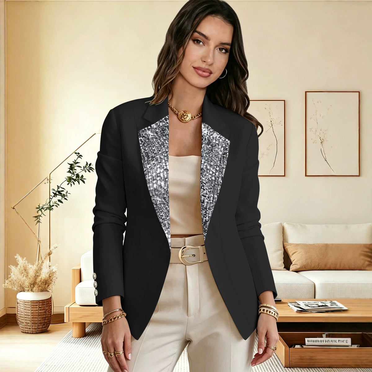 Womens Sequined Color-block Long-sleeve Blazer