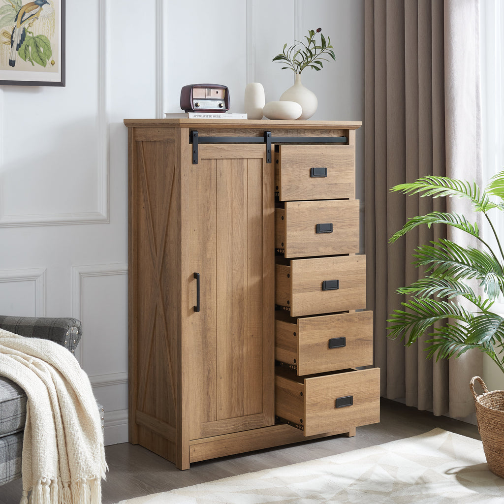 Farmhouse Modern 5 Drawer Dresser with Sliding Barn Door