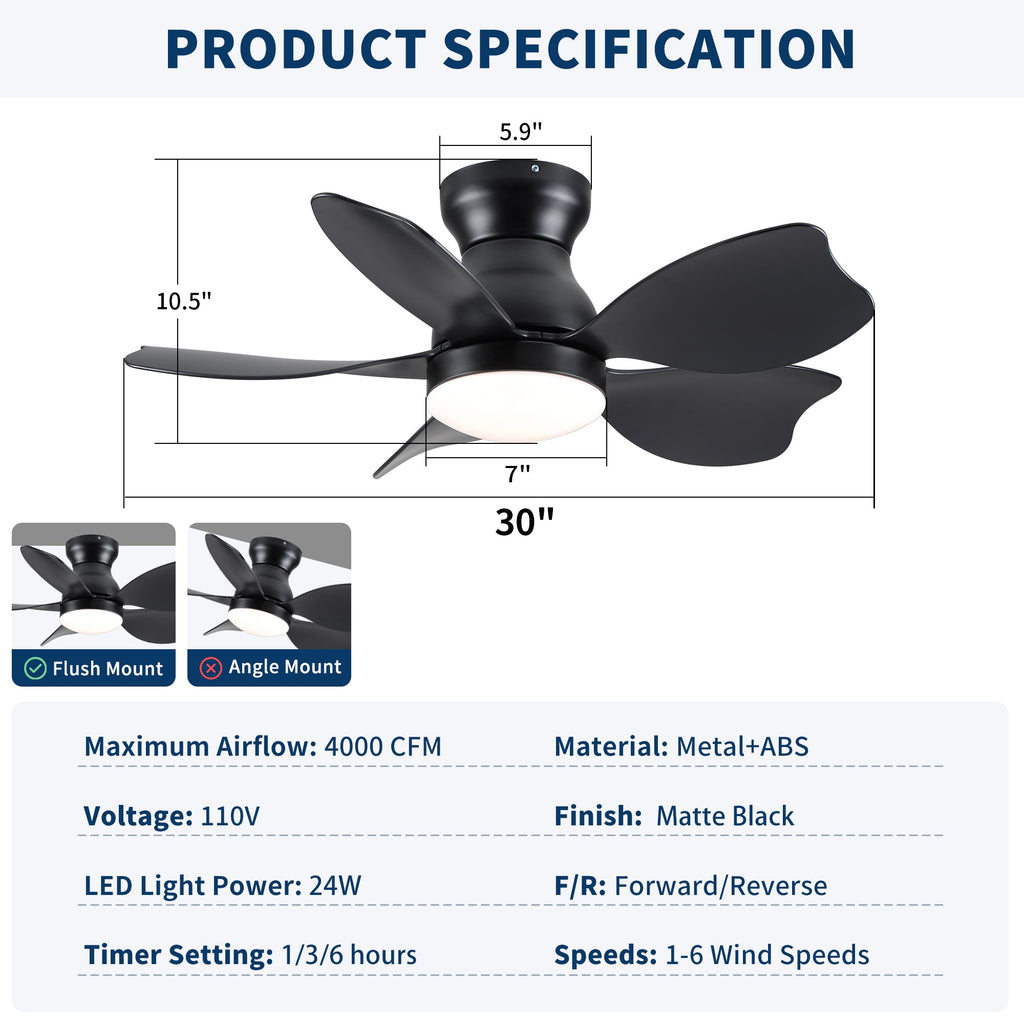 30" Small Kid's Low Profile Flush Mount Ceiling Fan Lighting