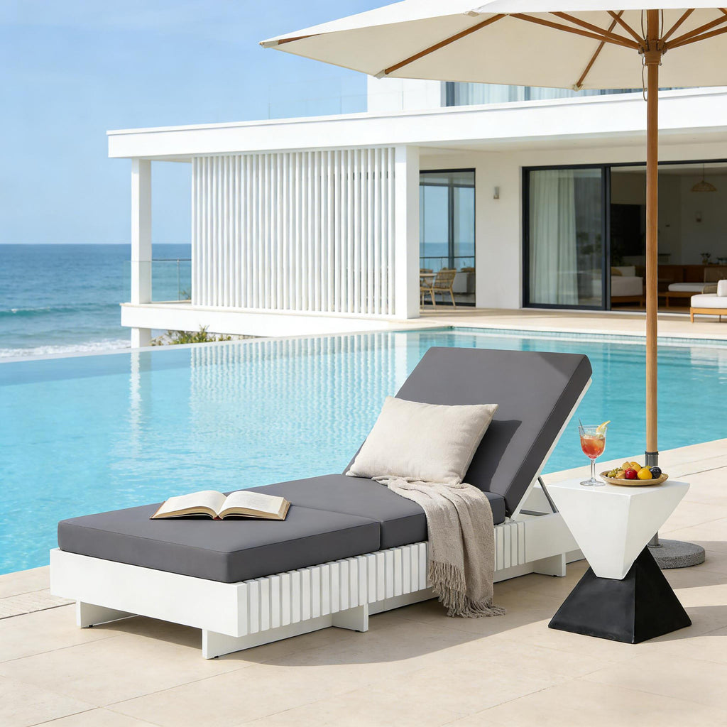 White Acacia Solid Wood Outdoor Chaise Lounge with Dark Cushions