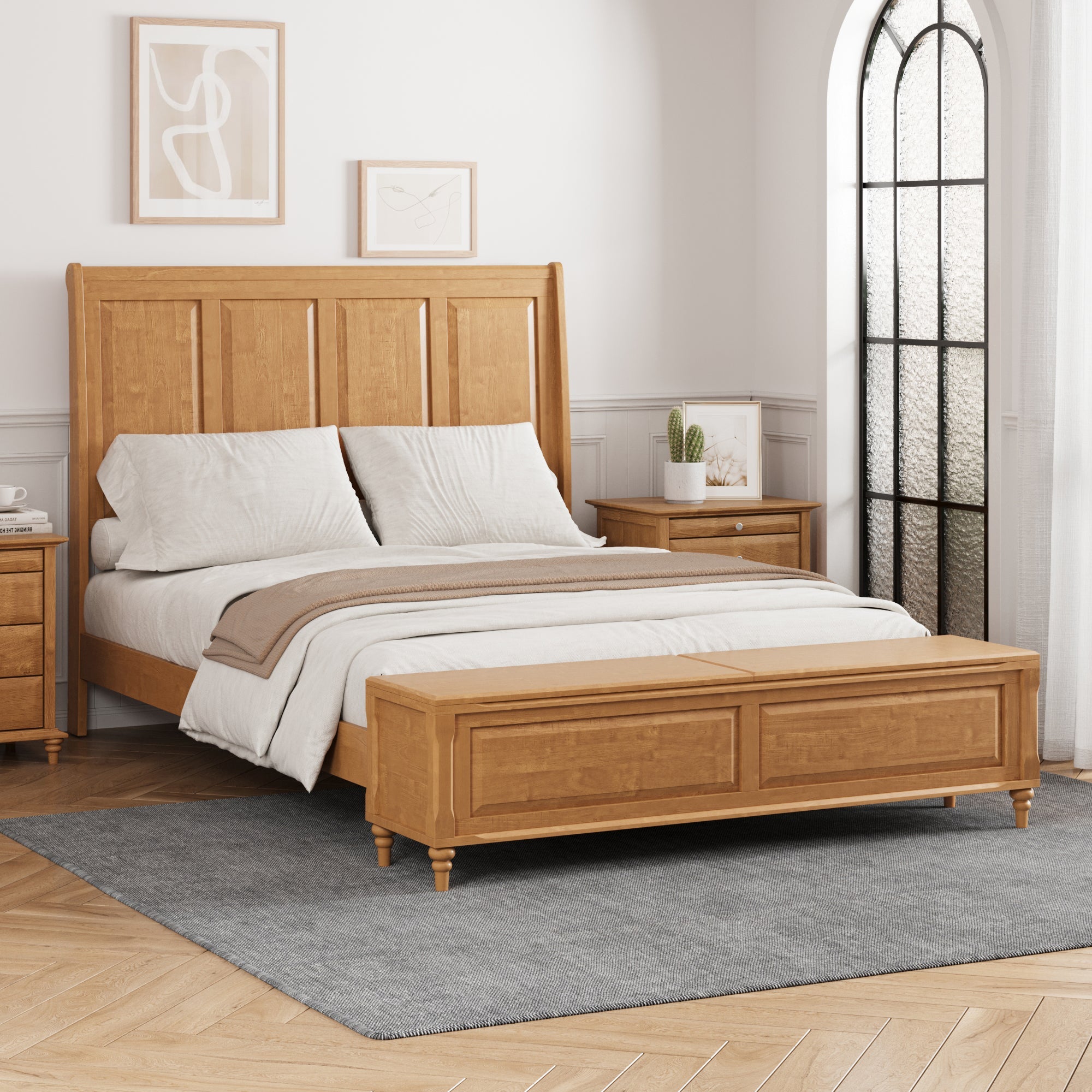 Queen Bed Frame with Tall Headboard and Storage Bench