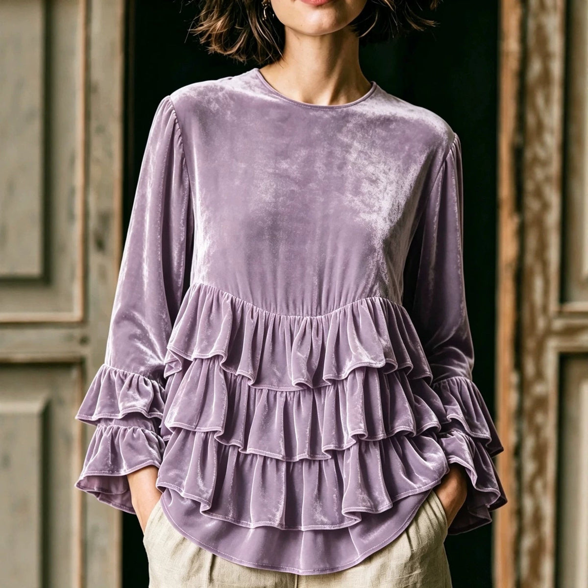 Womens Long-Sleeve Solid-Color Crew-Neck Ruffle-Trim Casual Loose-Fit Top