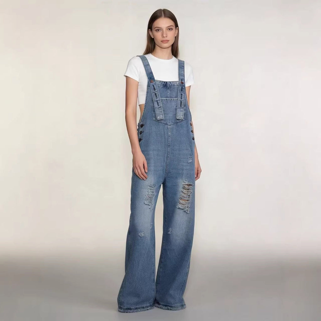 Women's Retro Loose-Fit Wide-Leg Denim Overalls