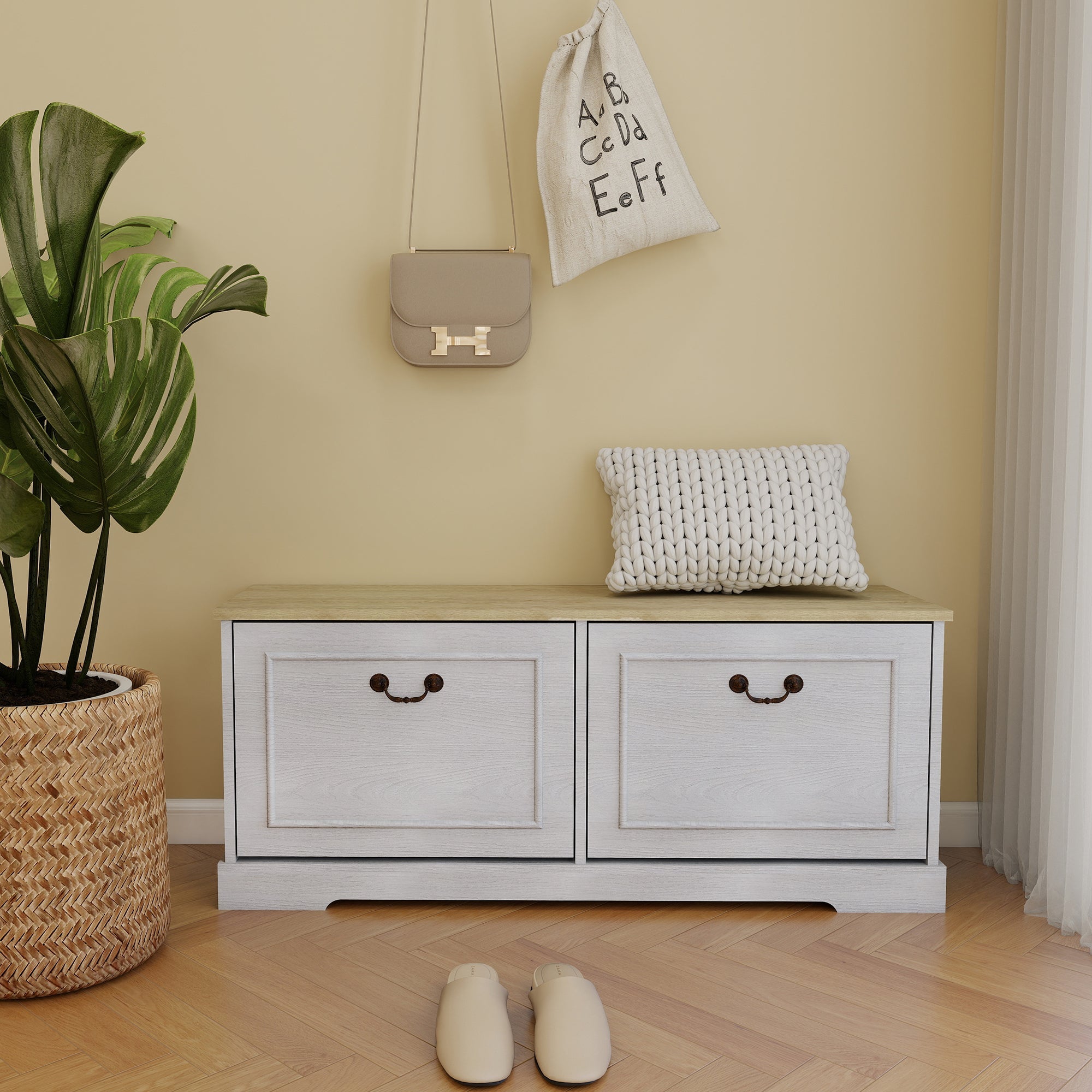 Shoe Storage Bench with 2 Flip Drawers and Adjustable Shelf