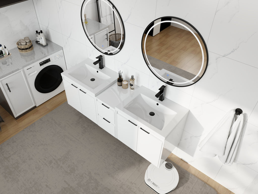 60" Bathroom Vanity With Resin Sink, Soft Close Doors and 1-Side Cabinet, Float Mounting Design, Glossy