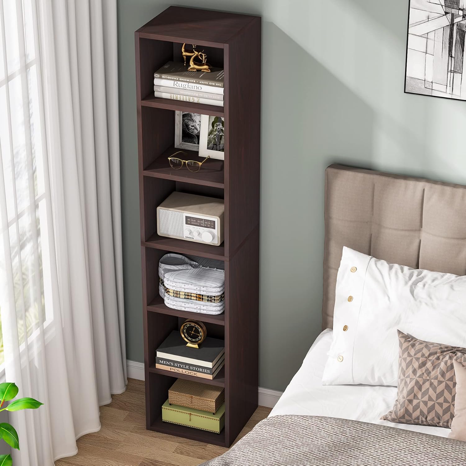 70.9" Cherry 6-Tier Narrow Corner Cube Bookcase