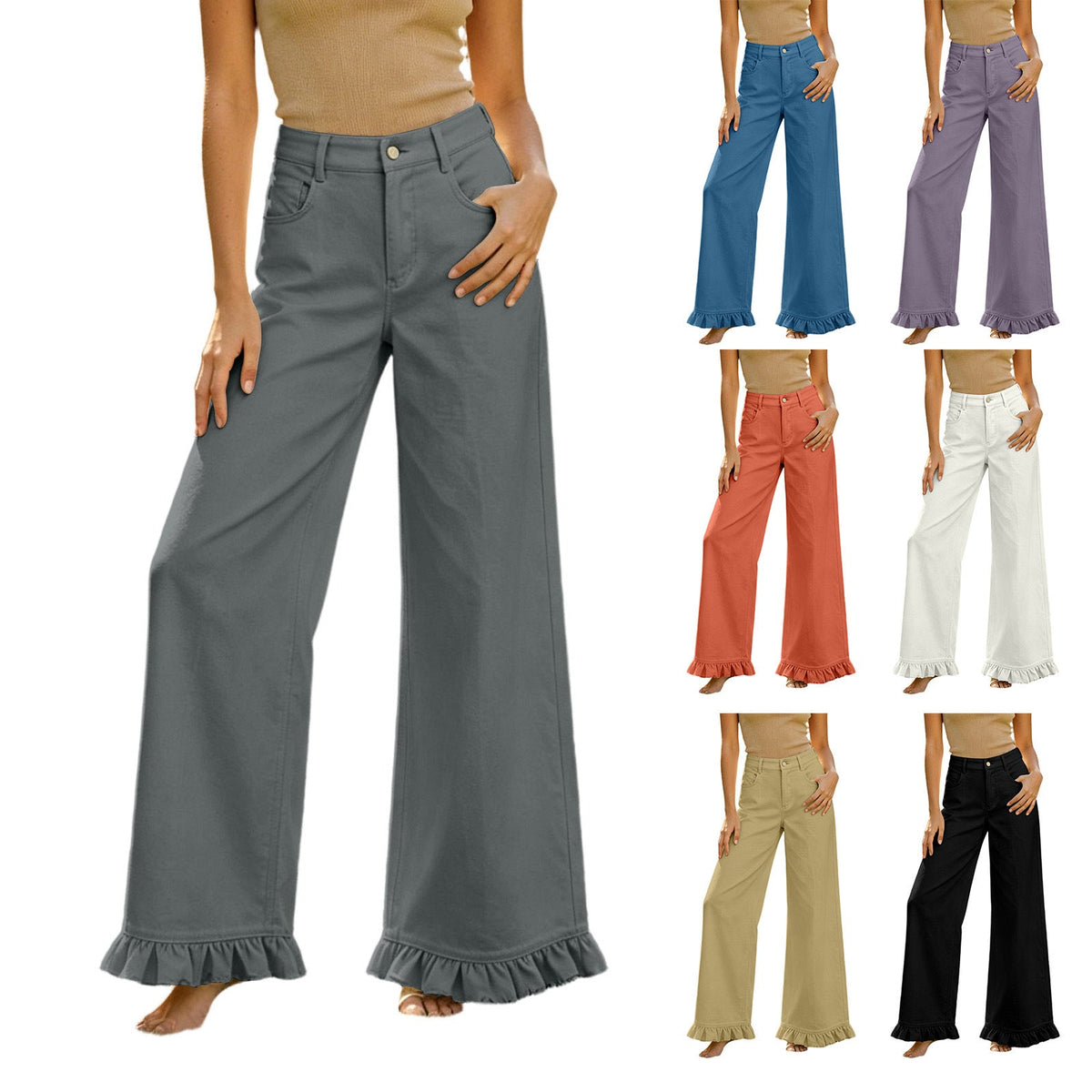 High-waisted Cotton-linen Wide-leg Pants With Ruffled Hem