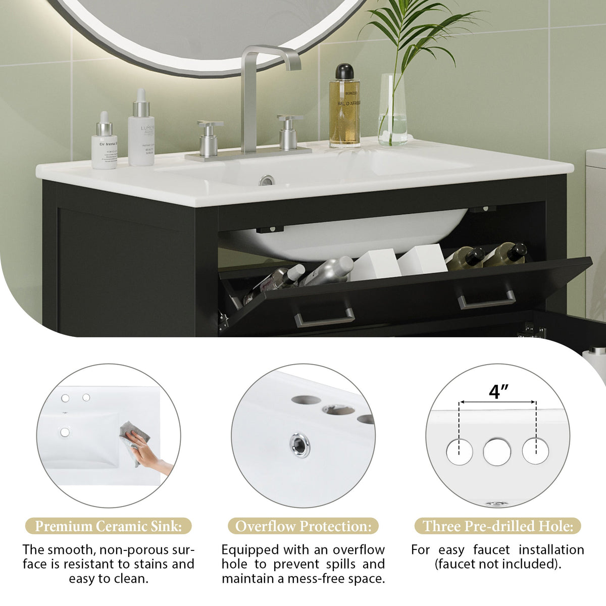 30" Bathroom Vanity with Ceramic Sink - Modern