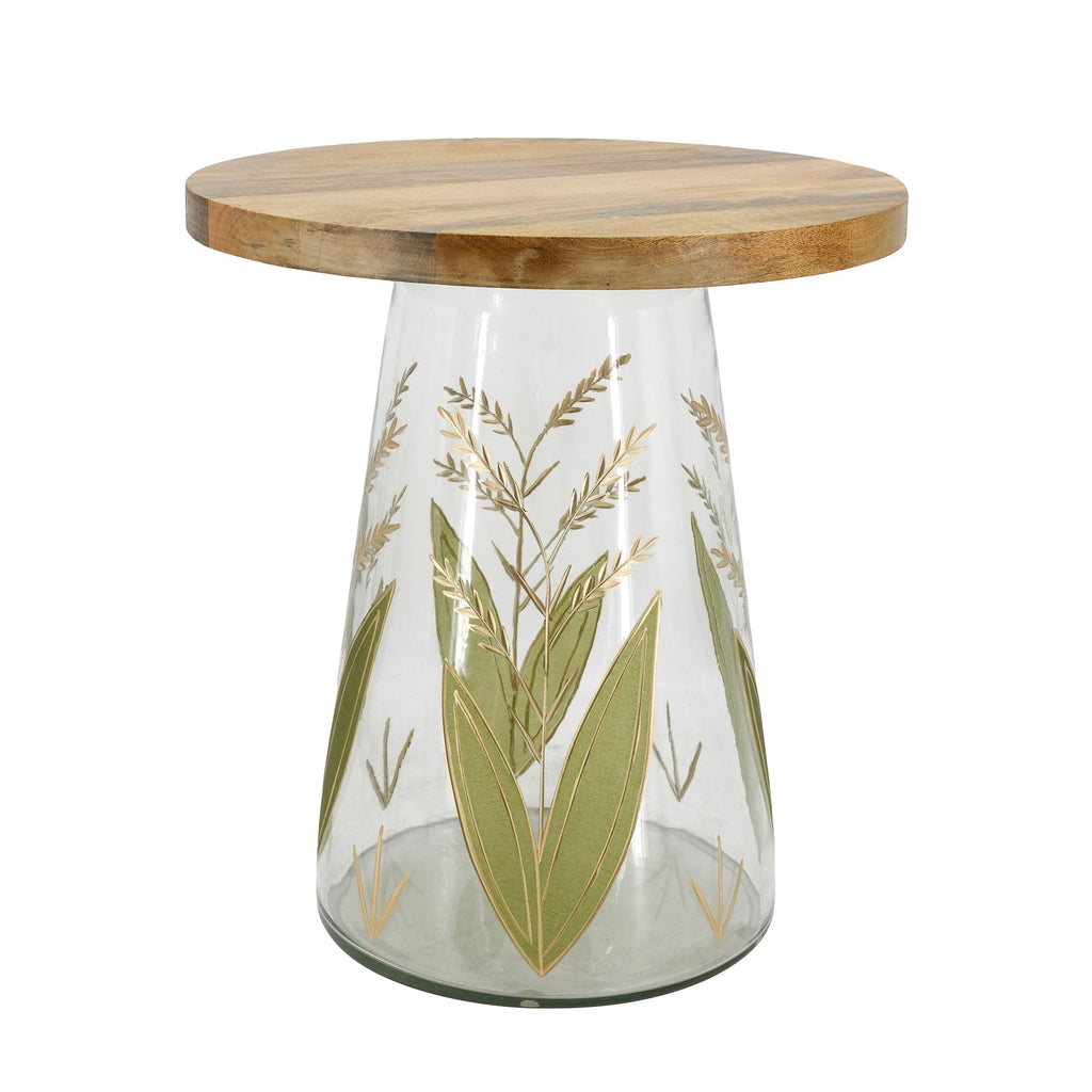 16x17.5" Glass Side Table with Wood Top and Hand-Painted Base