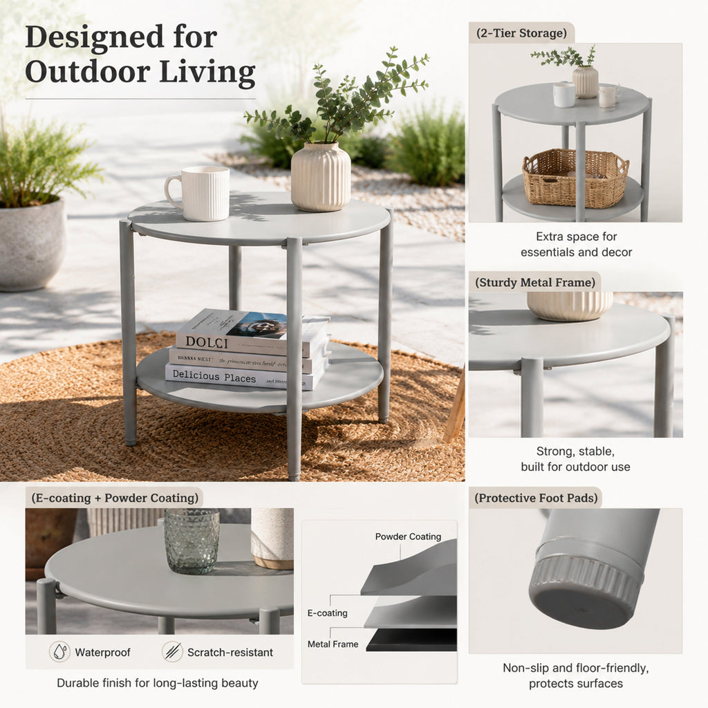 Metal Round Side Table with 2-Tier Design