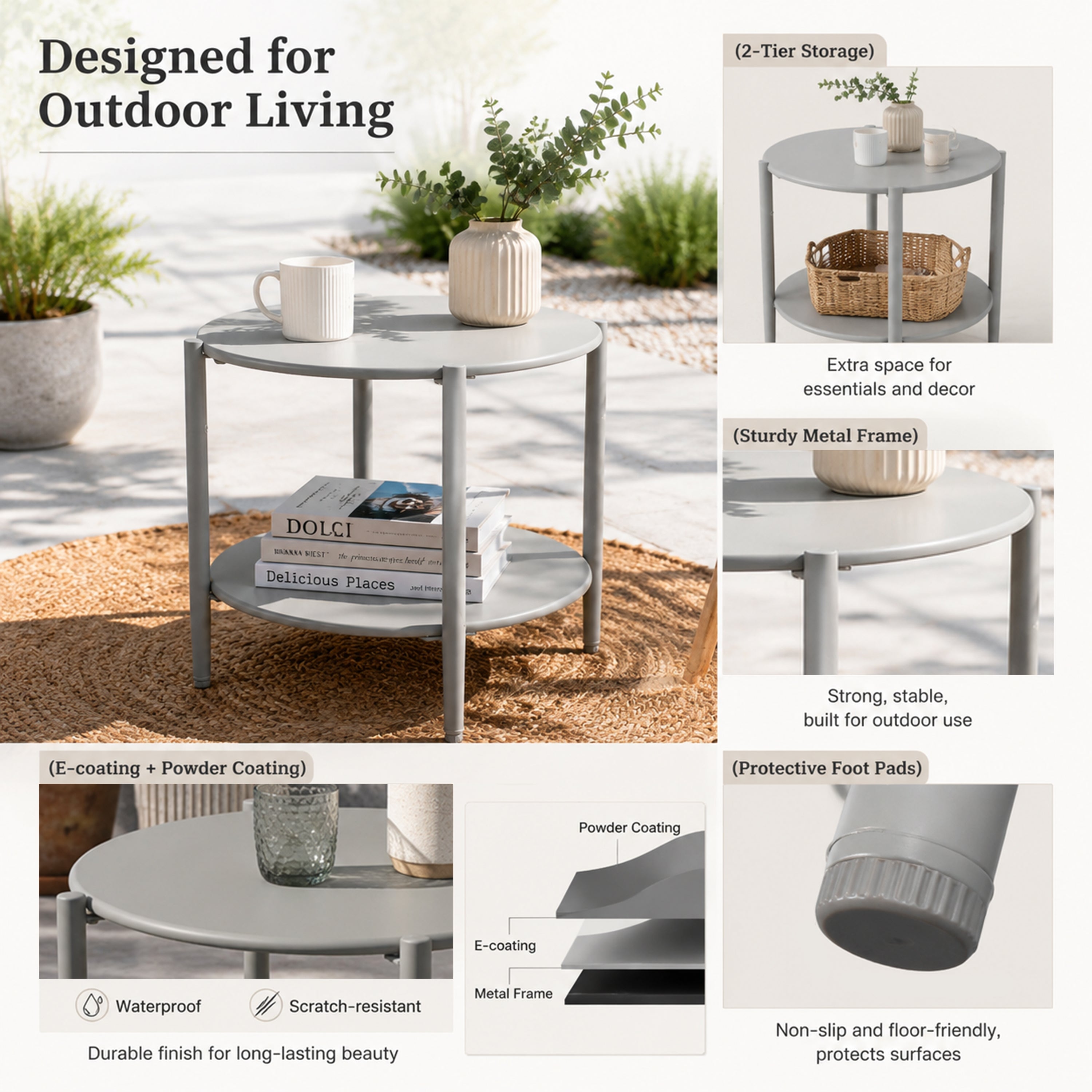 Metal Round Side Table with 2-Tier Design
