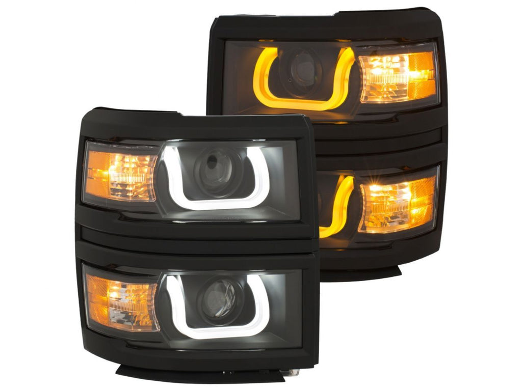 Anzo 14+ Chevy 1500 Projector Headlights W/ U-Bar Switchback Black W/ Amber