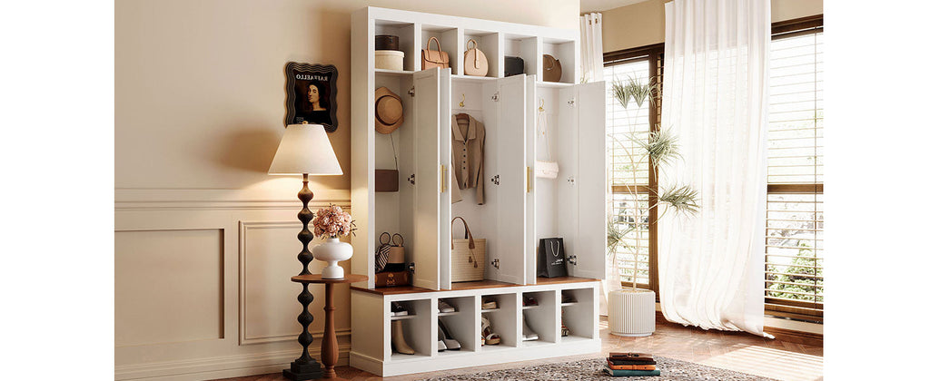 U-Can Farmhouse Entryway Storage Cabinet with Shoe Rack & Display Cubbies