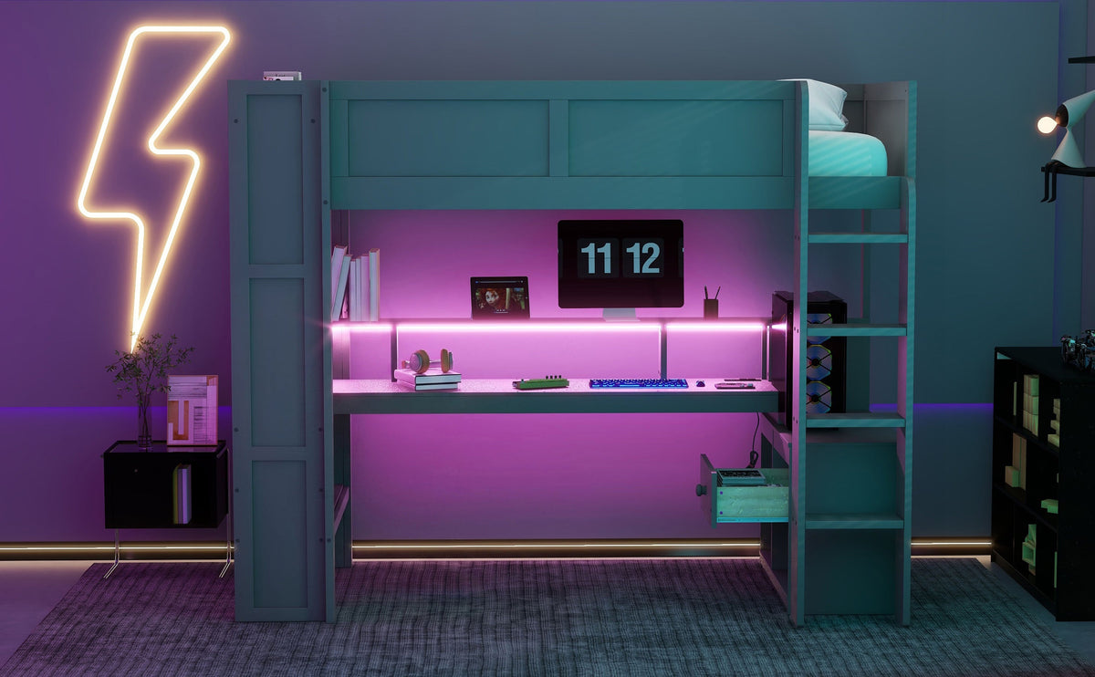 Wood Twin Size Gaming Loft Bed with Desk, Multi-storage Shelves, LED and Charging Station