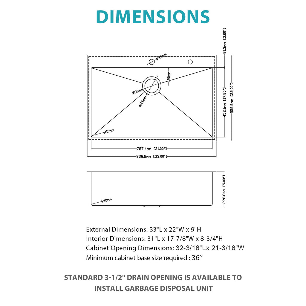 33 Inch Topmount Stainless Steel Kitchen Sink