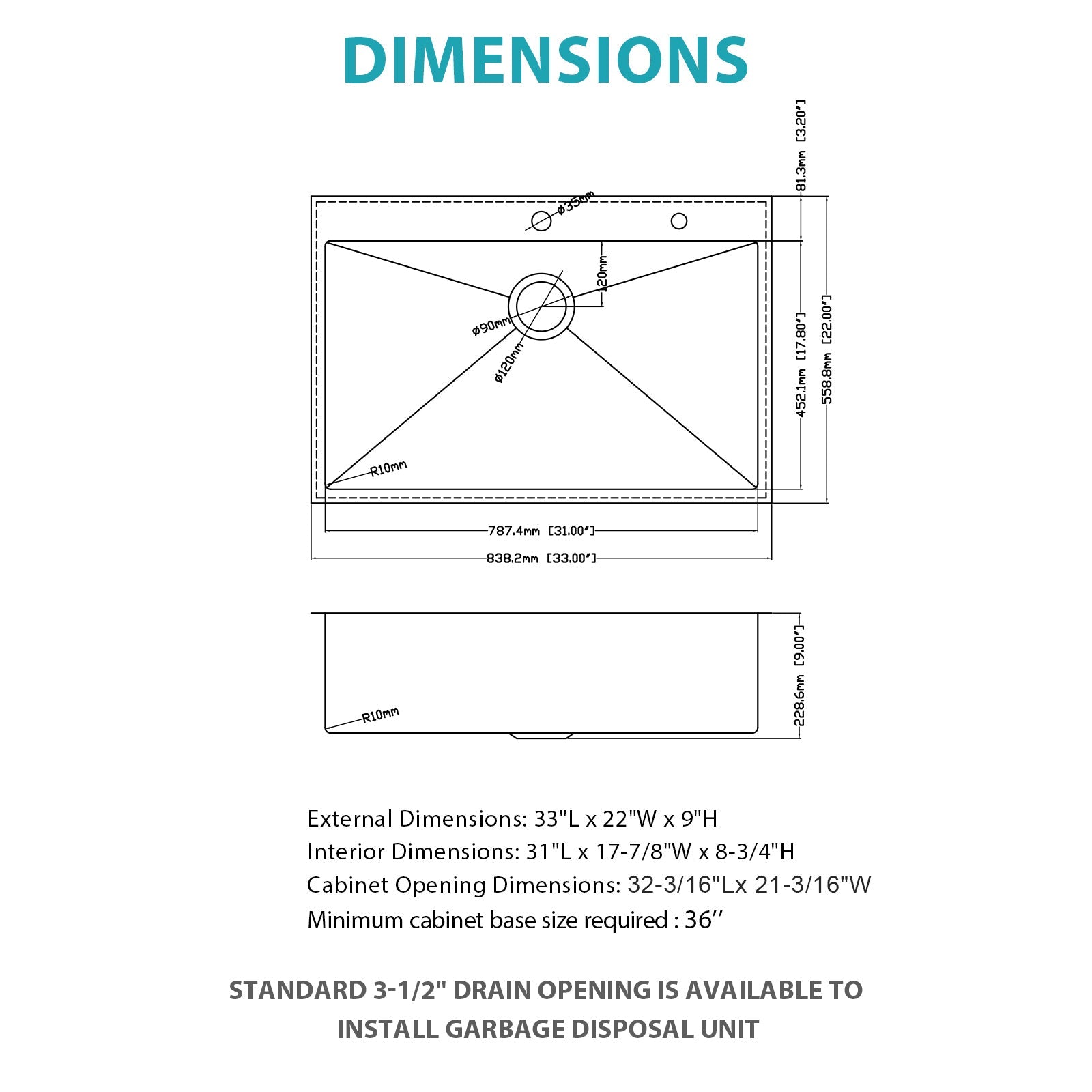33 Inch Topmount Stainless Steel Kitchen Sink
