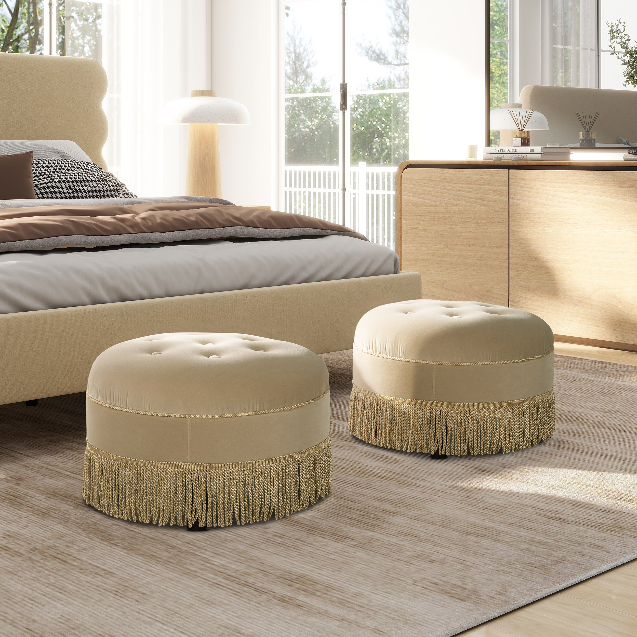 Yolanda 24" Round Upholstered Accent Ottoman, Fawn
