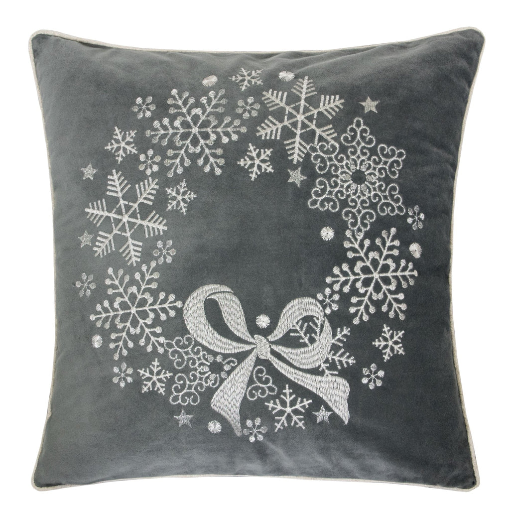 Gray Velvet Holiday Throw Pillow with Snowflake Wreath Embroidery