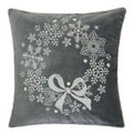 Gray Velvet Holiday Throw Pillow with Snowflake Wreath Embroidery
