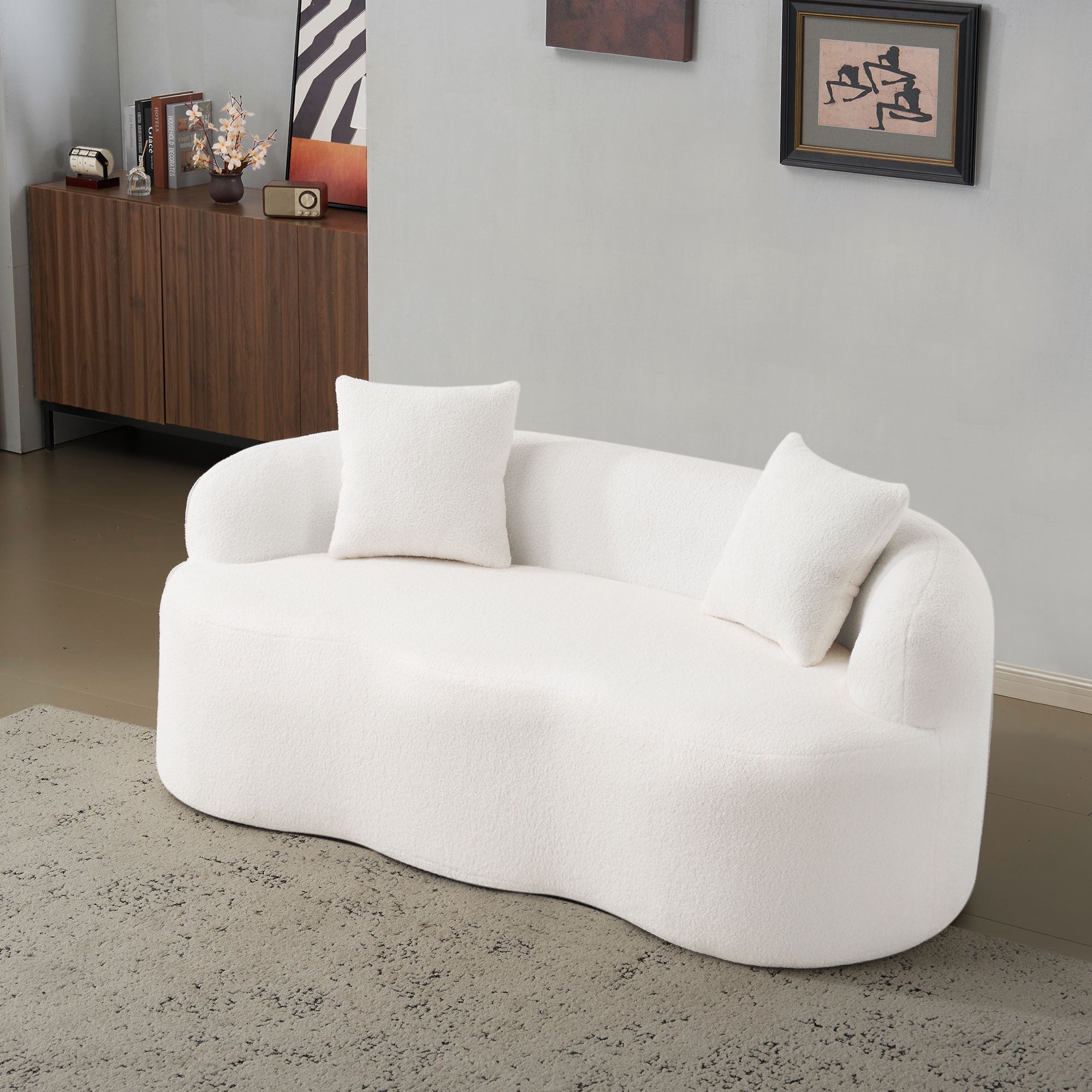 White Curved Loveseat Sofa with Round Armrest