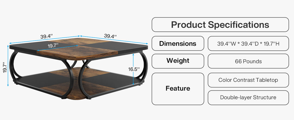 39” Square Coffee Table with Storage Shelf