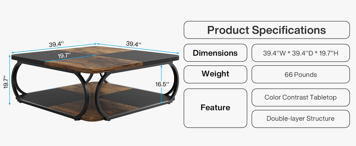 39” Square Coffee Table with Storage Shelf