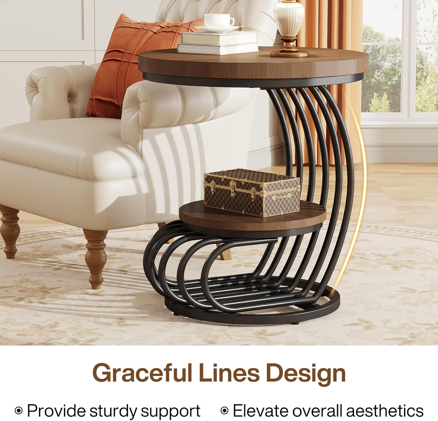 19.68" Round Vintage End Table with 2-Tier Storage