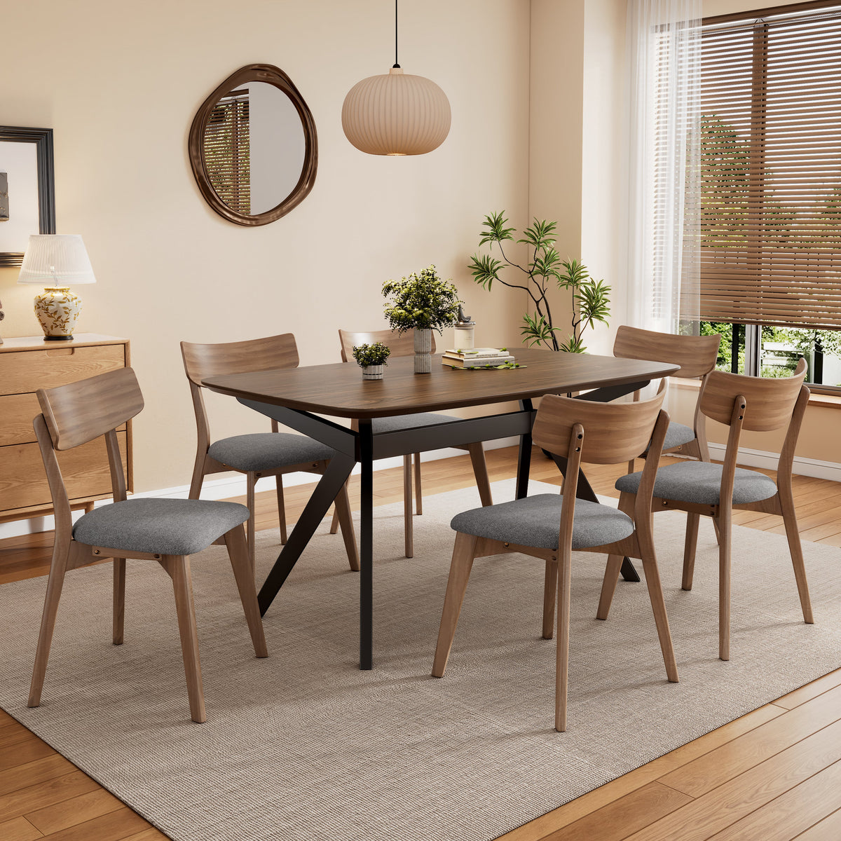 7-Pieces Upholstered Dining Set With Rubberwood Frame, Grey + Walnut + Black