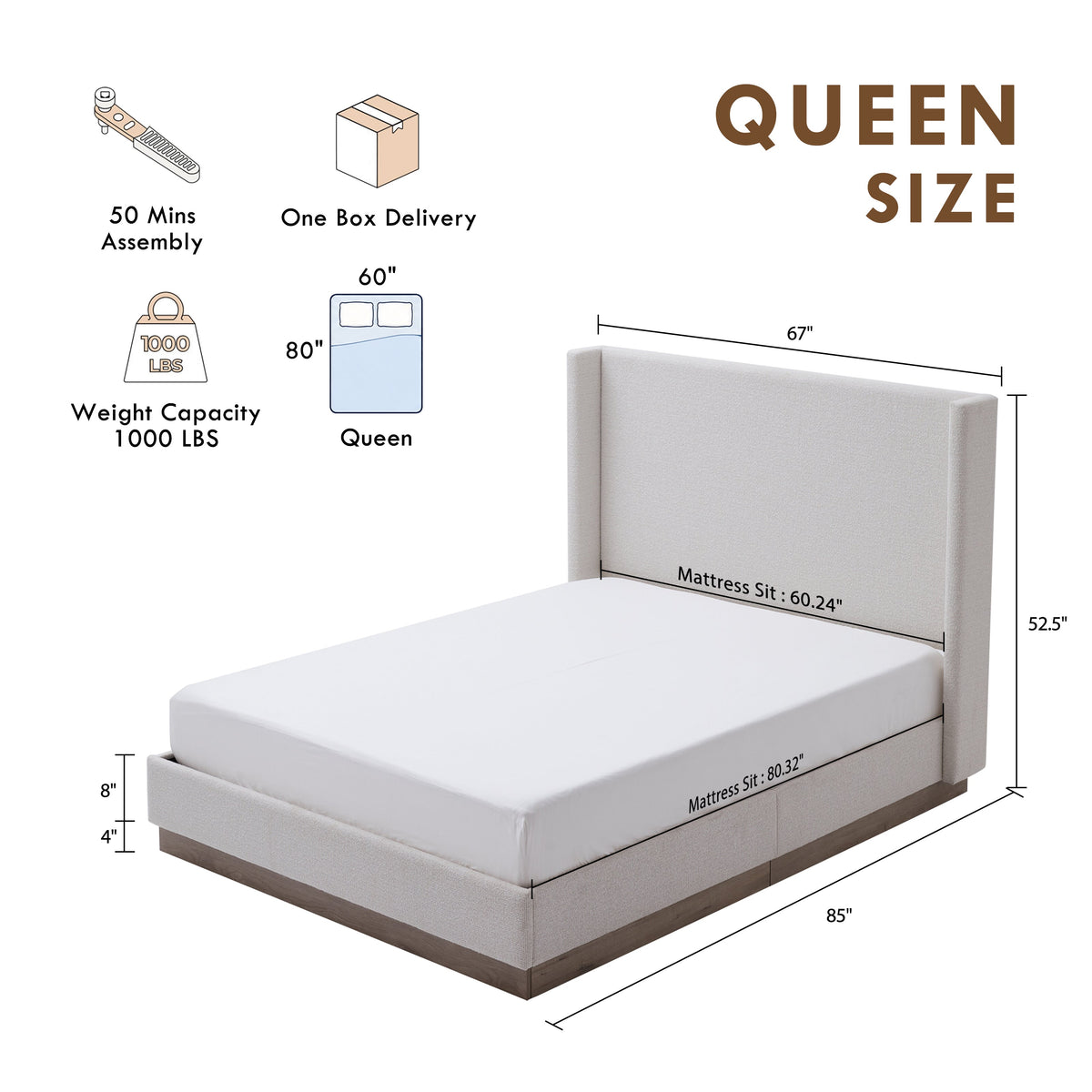 Hosford Upholstered Wingback Bed - Queen Size