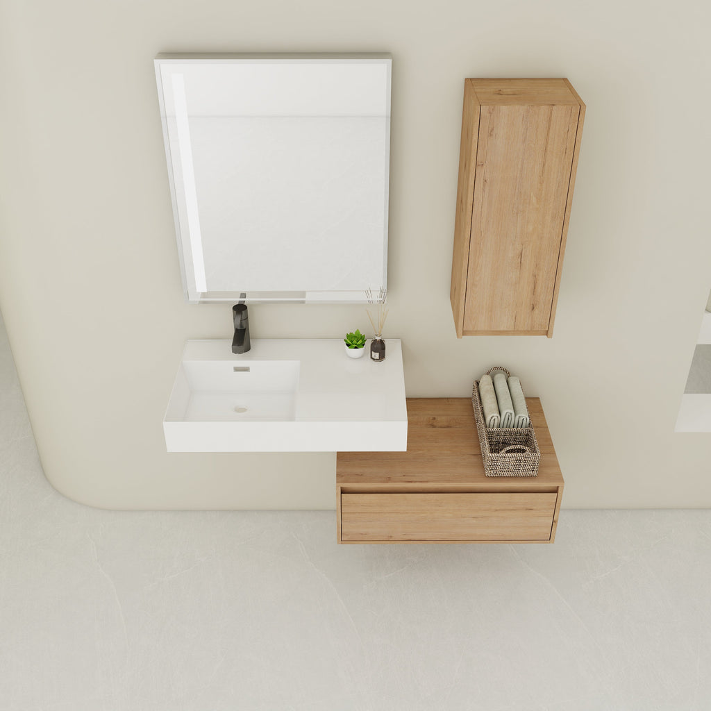 30 Inch Wall-Mounted Bathroom Vanity with Resin Sink and Side Cabinet