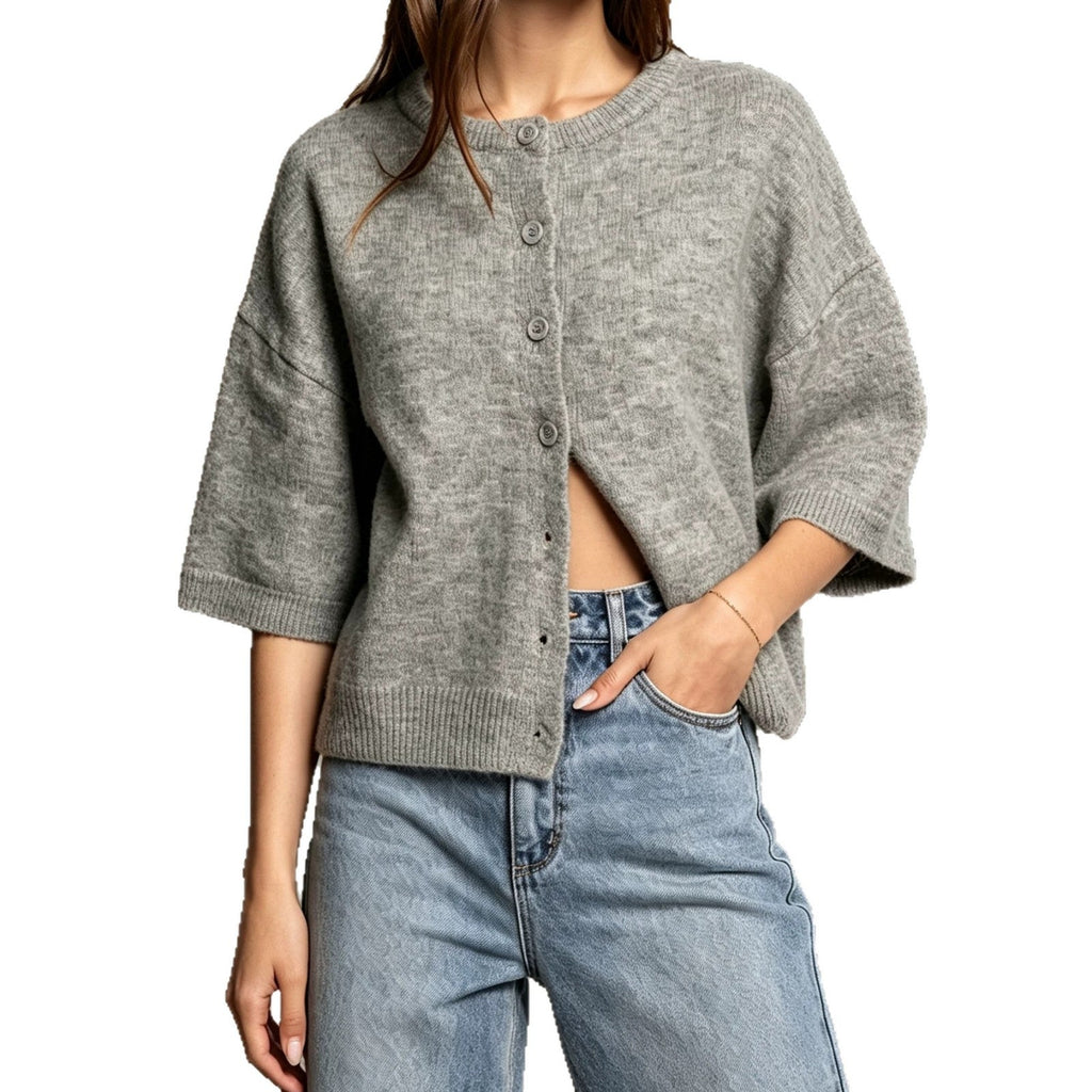 2026 Autumn Cross Border Round Neck Mid Sleeve Knitted Wool Cardigan Women's Loose Shoulder Button Sweater Women's Coat