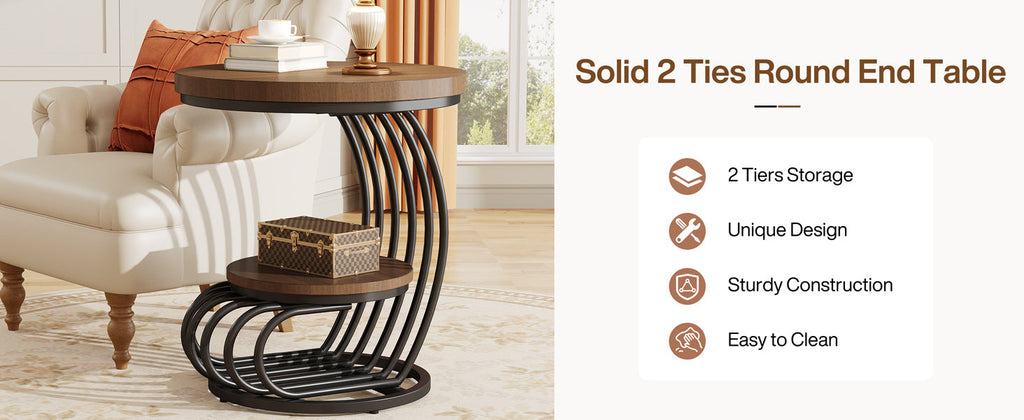 19.68" Round Vintage End Table with 2-Tier Storage