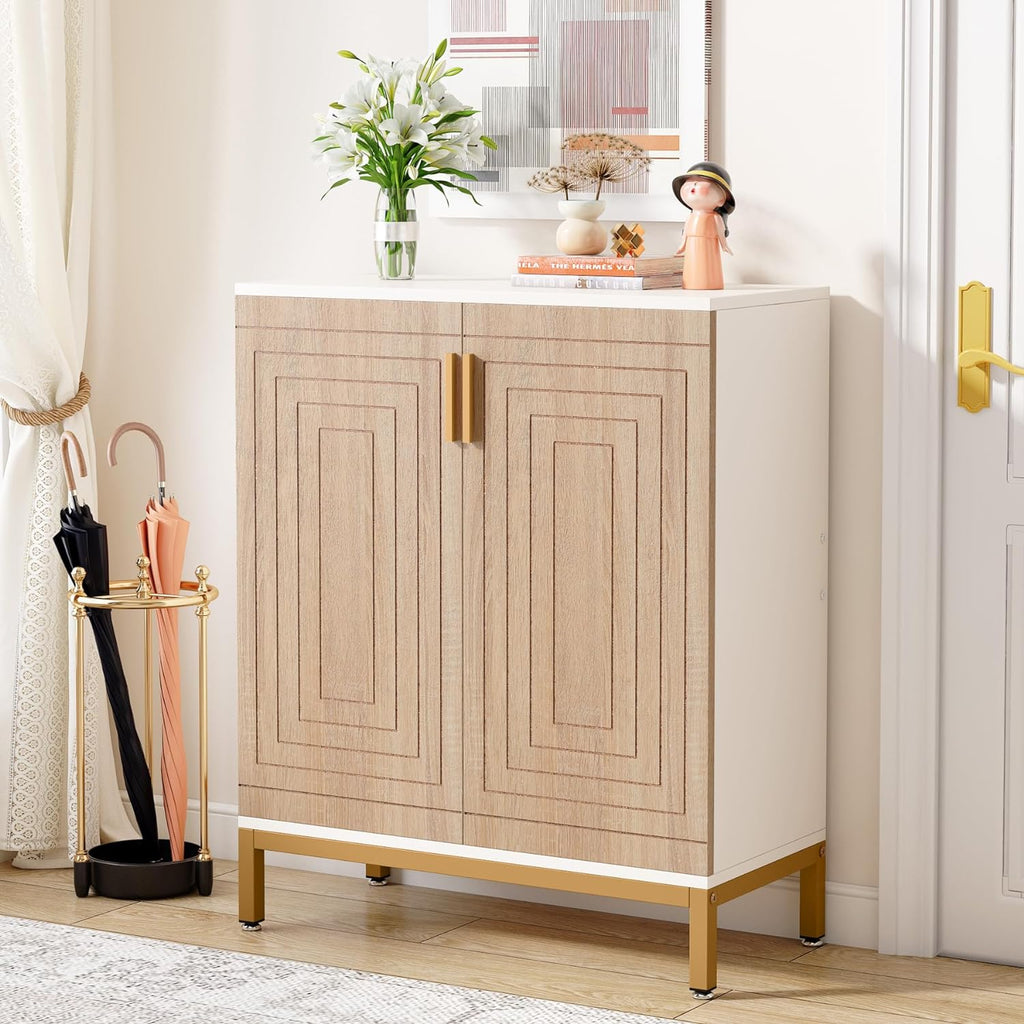 31.5" White & Natural Wood Shoe Cabinet
