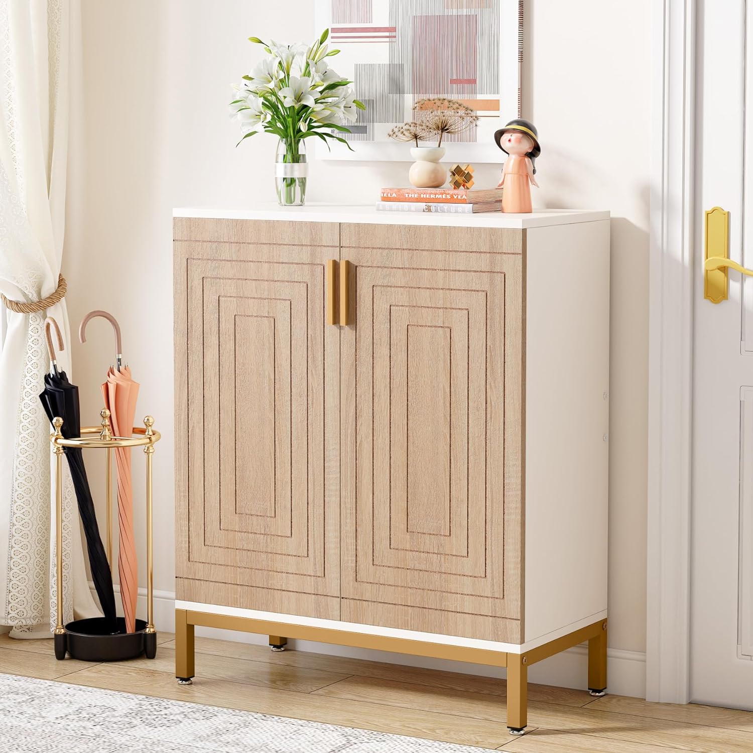 31.5" White & Natural Wood Shoe Cabinet