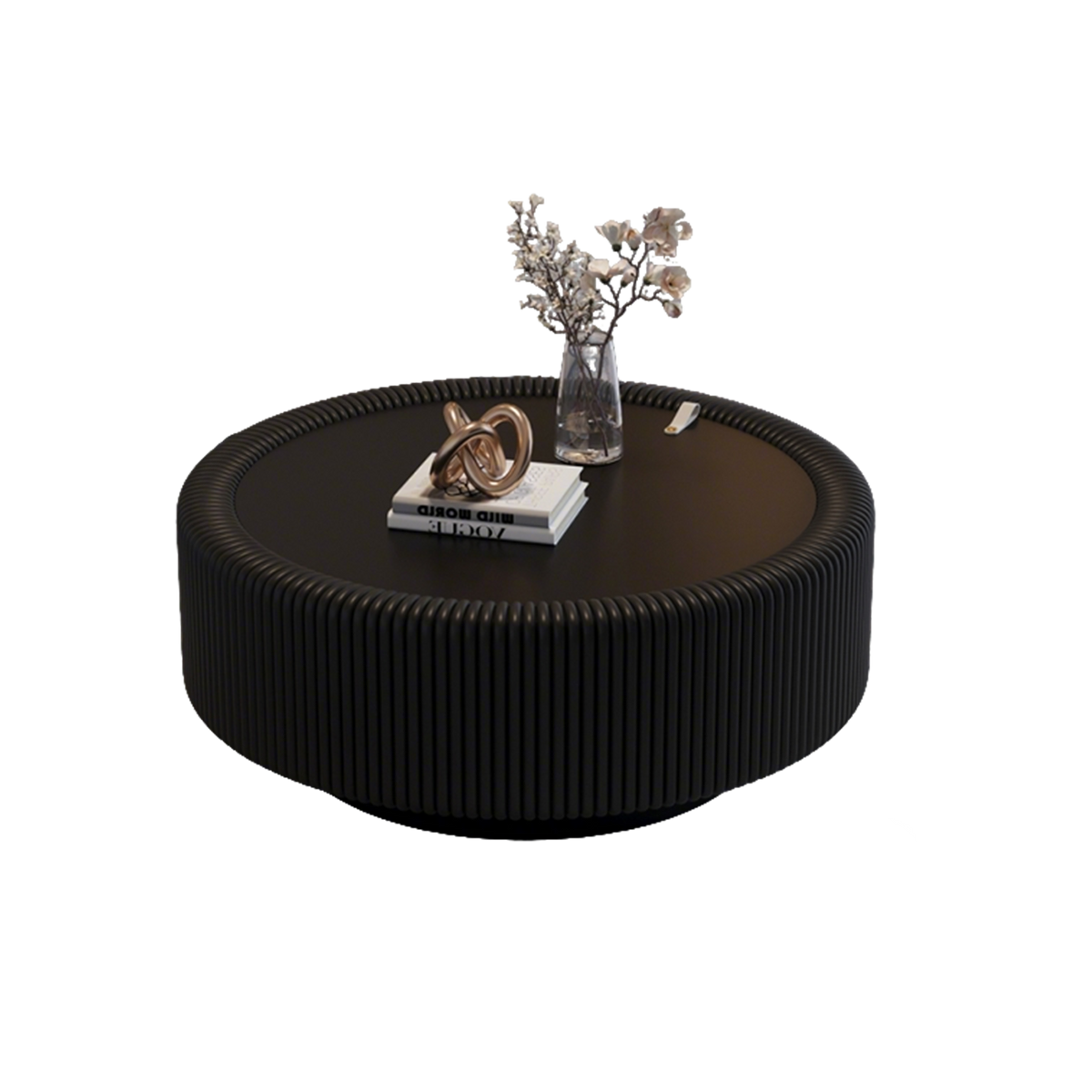 Black Round Fluted Coffee Table with Tempered Glass Top