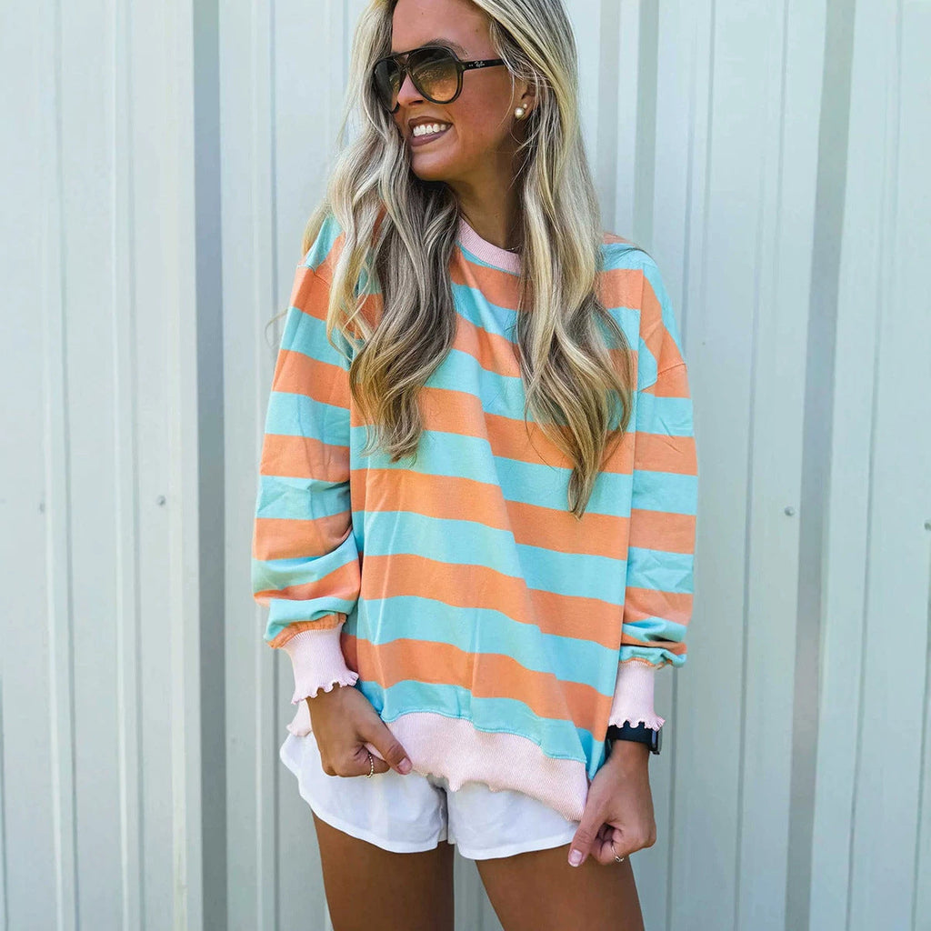 Pullover Crewneck Relaxed-fit Minimalist Striped Colorblock Sweatshirt