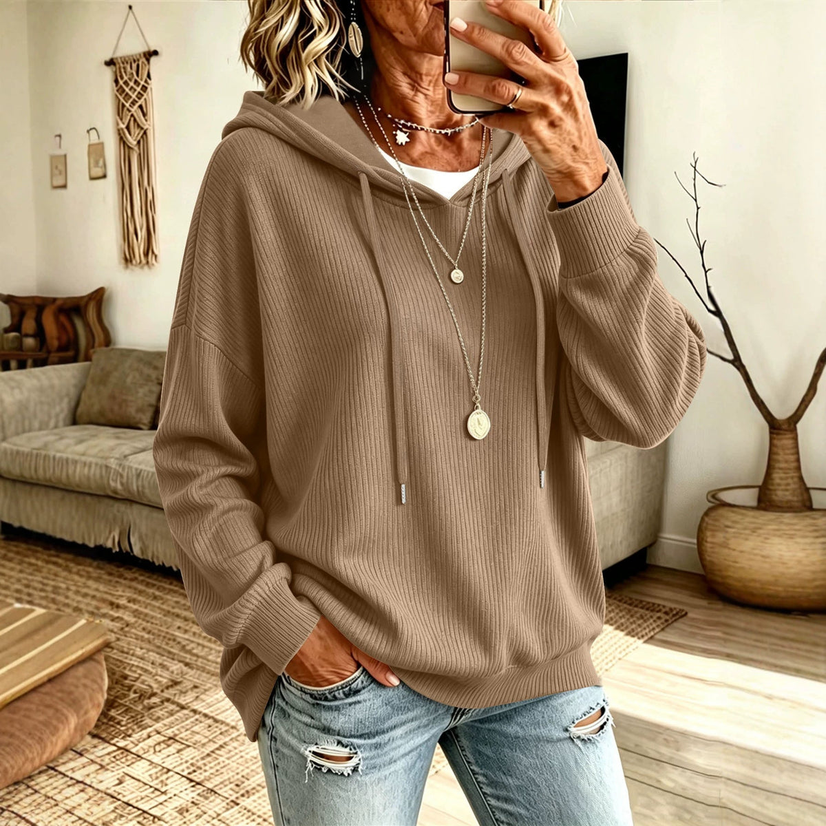 European Size Cross-border Solid Color Drawstring Hooded Knitted Sweater Casual Pocket Loose Slimming Large Size Women's Outer Top