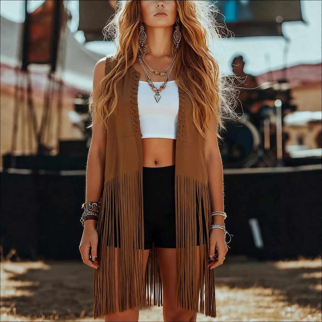 Suede Tassel Shawl Sleeveless Vest Jacket