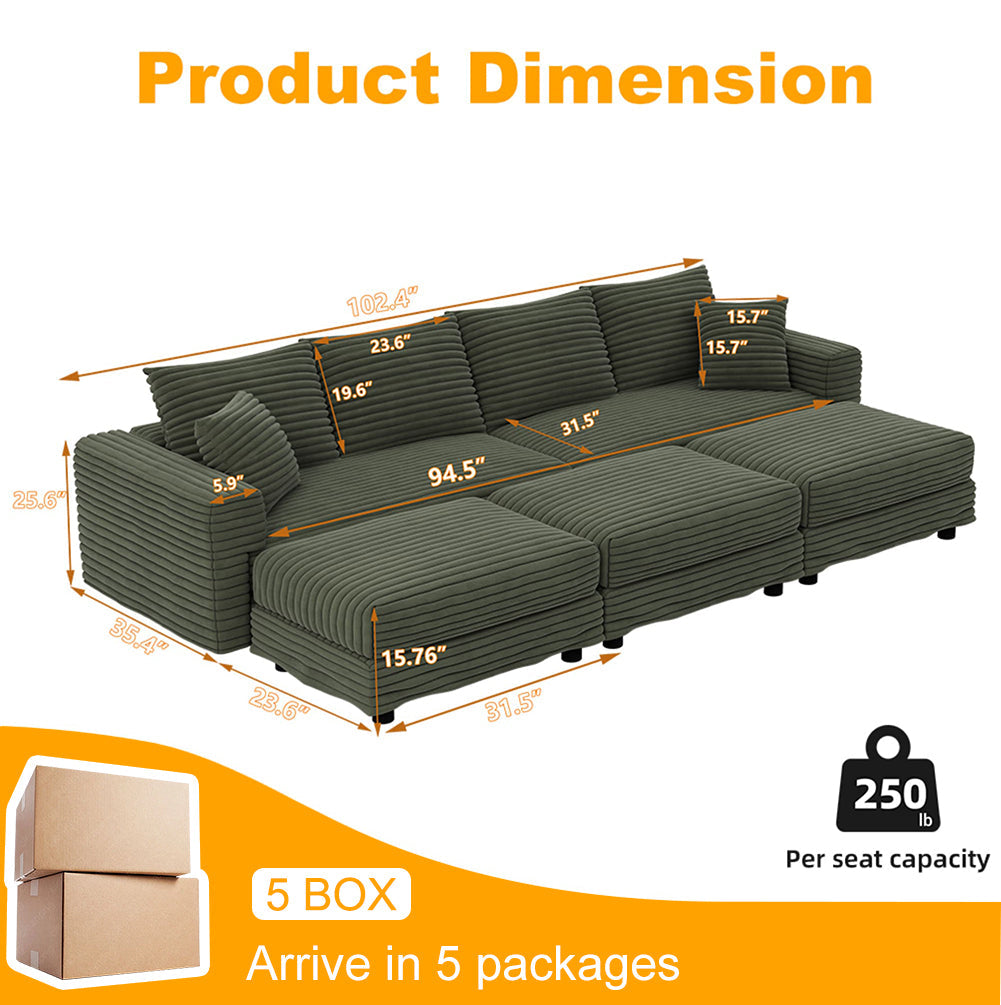 Plush Corduroy 4-Seat Sofa - Modern Comfy Upholstered Couch