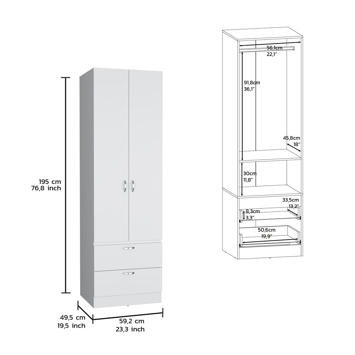 Armoire Wardrobe 76" H, Hanging Rod, 2 Drawers, 1 Shelf
