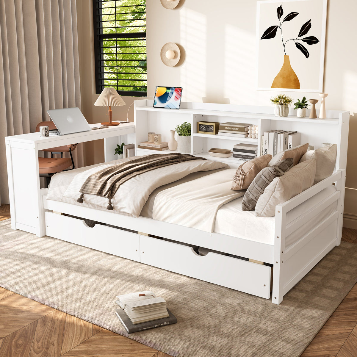Twin Size Corner Daybed with Storage Drawers & Desk