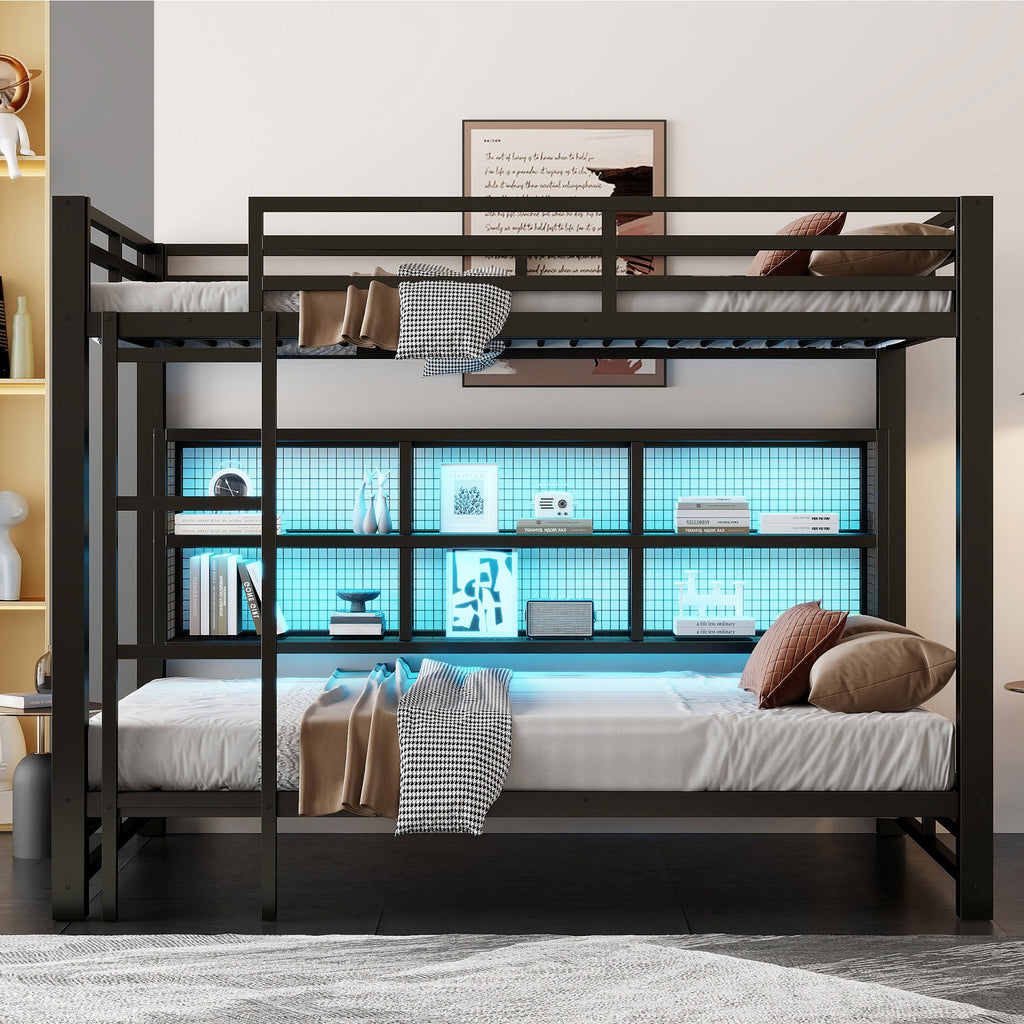 Metal Queen Over Queen Bunk Bed with Storage Cabinets and LED