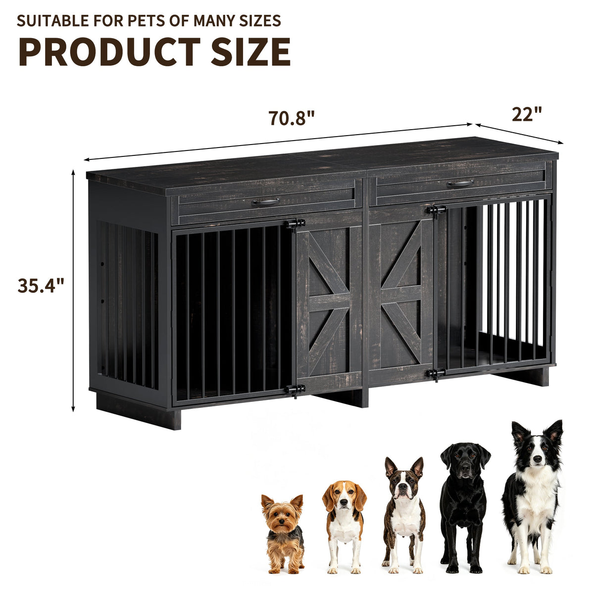 Dog Crate Furniture TV Stand - 2-in-1 Wooden Dog Kennel with Storage